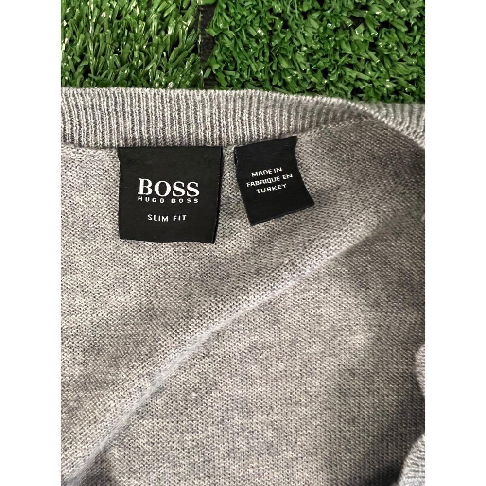 Hugo Boss Mens Argyle V-Neck Sweater Grey 100% Virgin Wool Slim Fit XXL - Picture 3 of 9